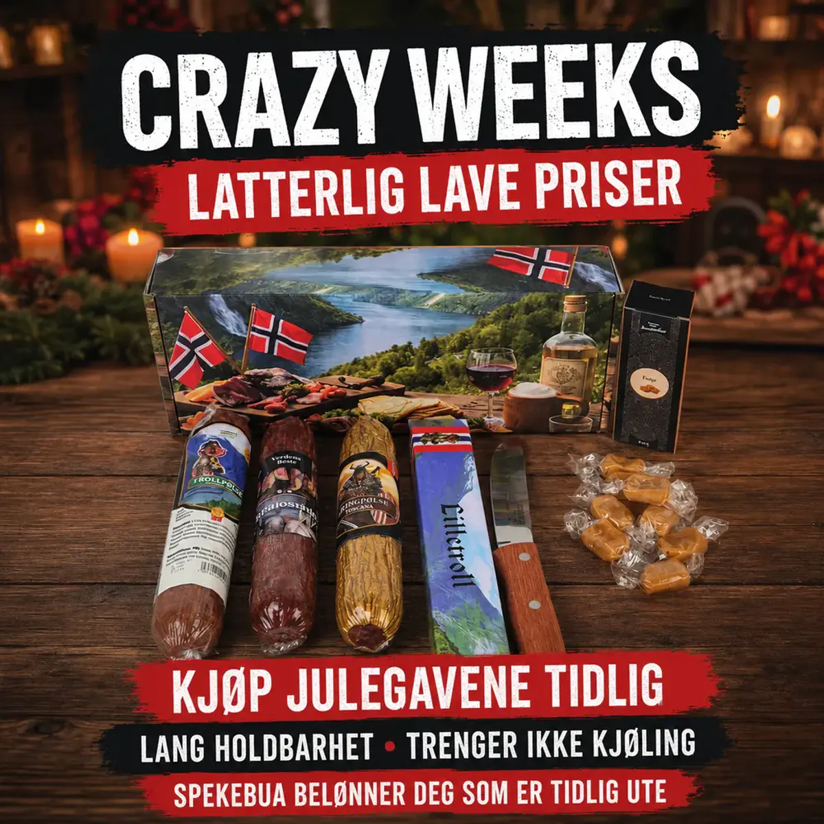 Crazy Weeks Spekepakke med tre pølser, karameller og kniv