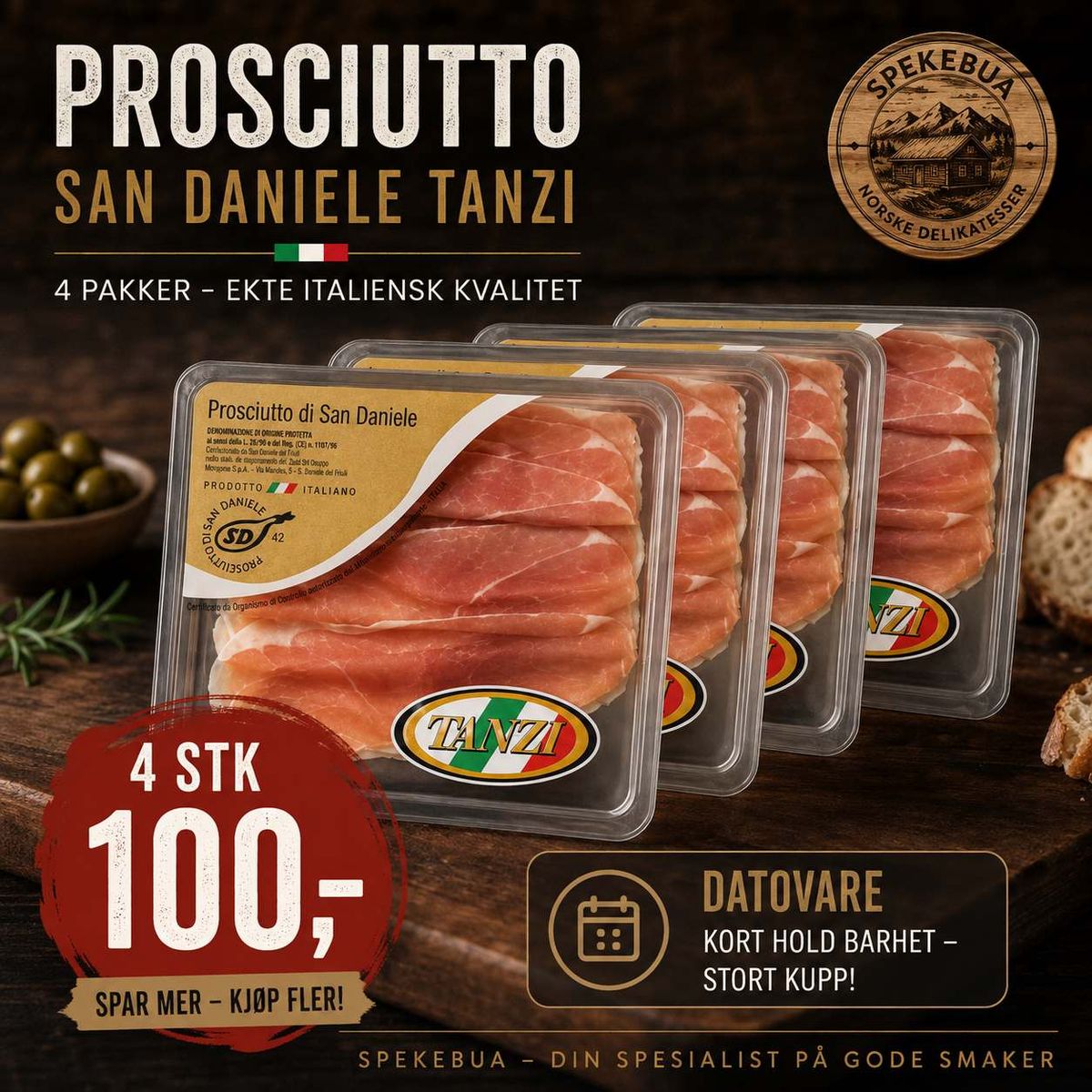 🇮🇹 PROSCIUTTO SAN DANIELE – 4 PAKKER KUN kr 100