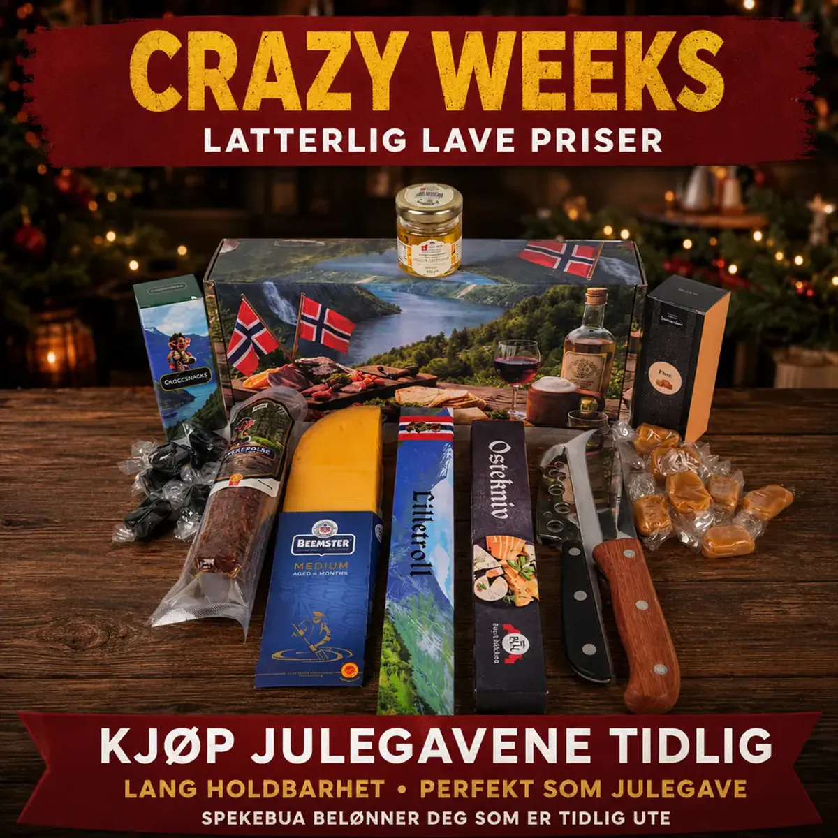 Crazy Weeks Gavepakke med ost, spekepølse, kniver og søtsaker