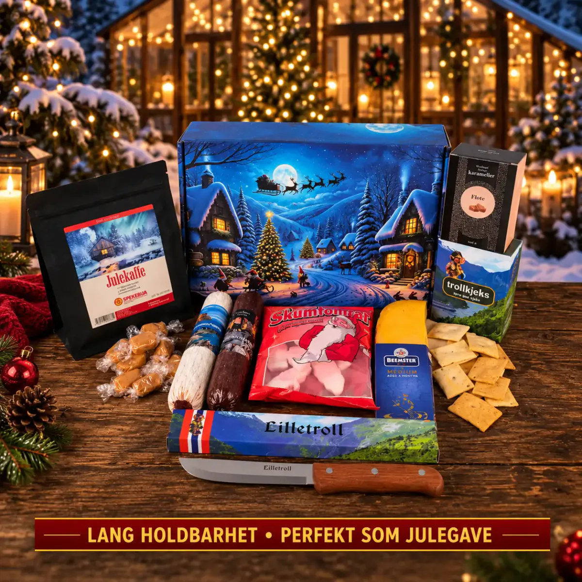 Julepakke med kaffe, spekemat, ost og søtsaker