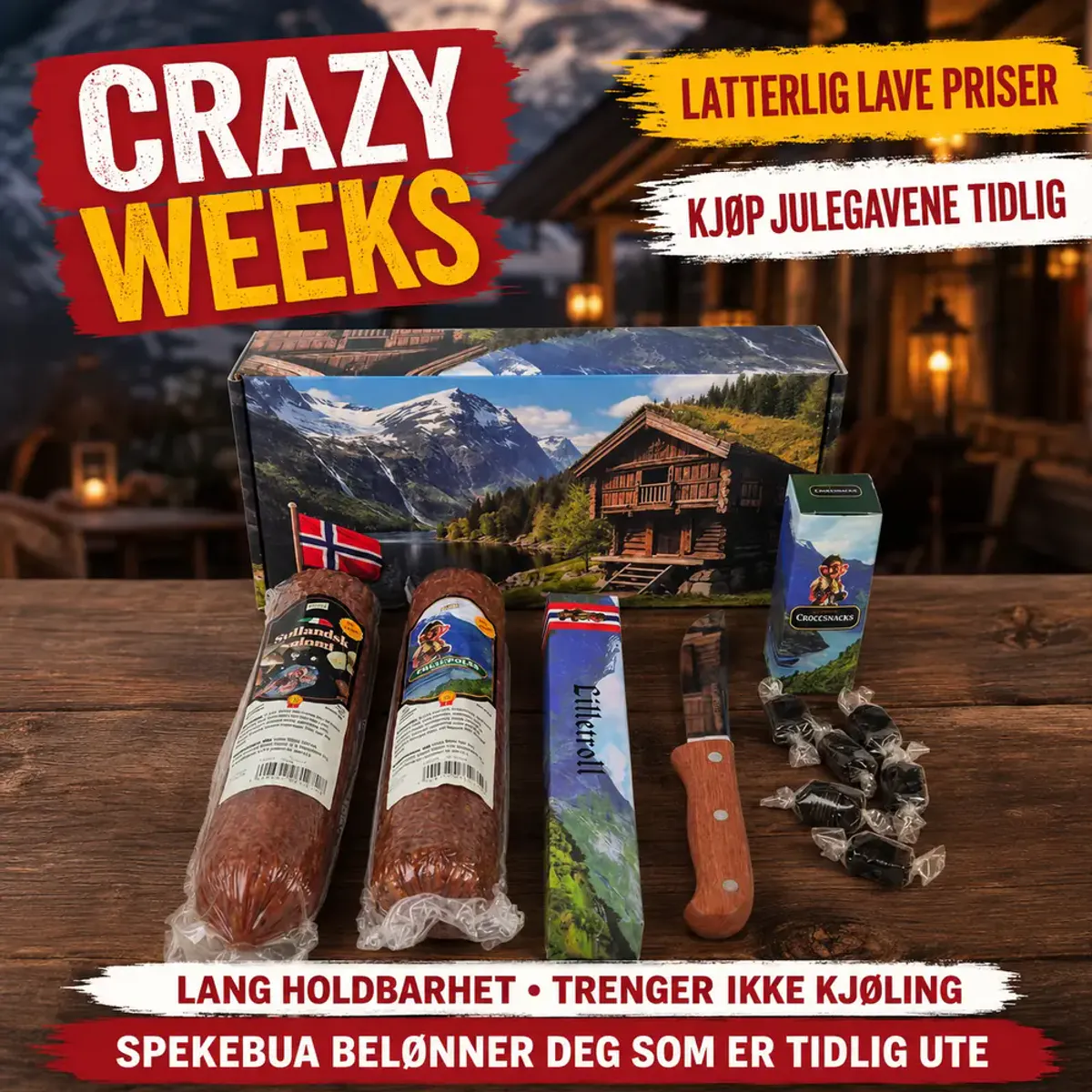 Crazy Weeks Spekepakke med to pølser, snacks og kniv